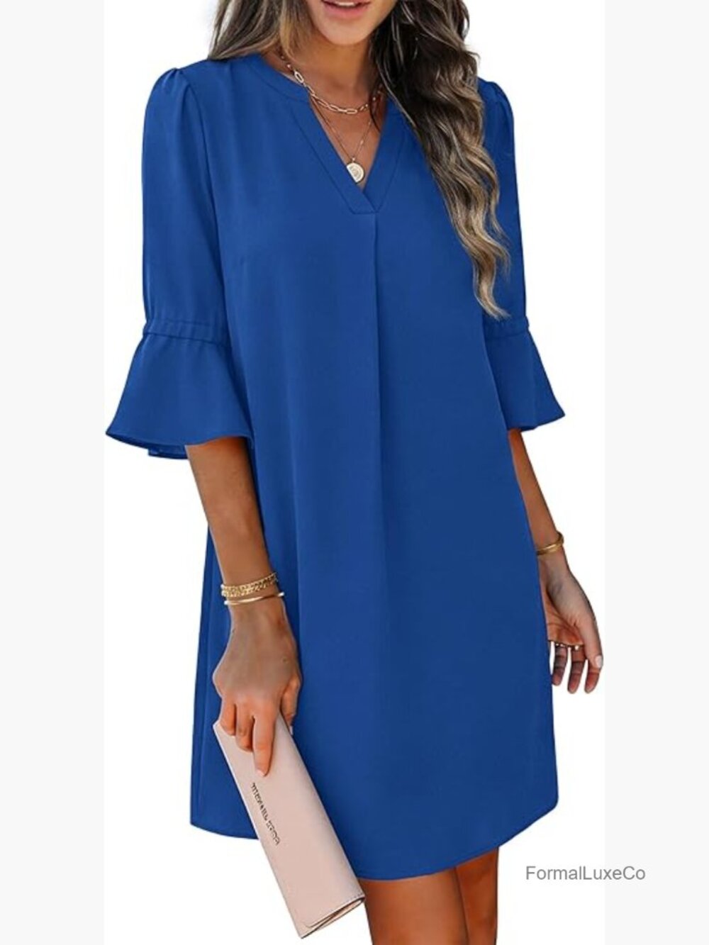 V Neck Ruffle Sleeve Shift Dress - Loose Fit Office Casual